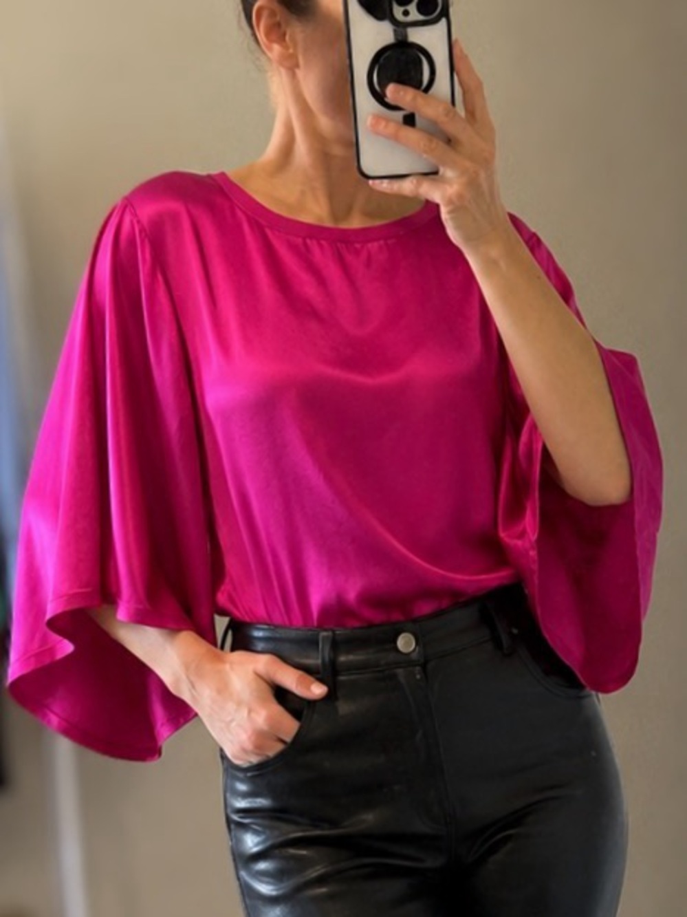 Fuchsia Satin Puff Sleeve Top Nation LTD Size M